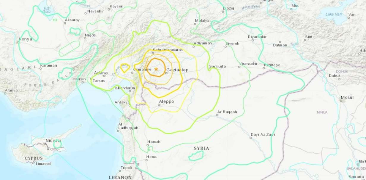 The U.S. Geological Survey said the quake was centered about 20 miles from Gaziantep, Turkey. USGS.GOV